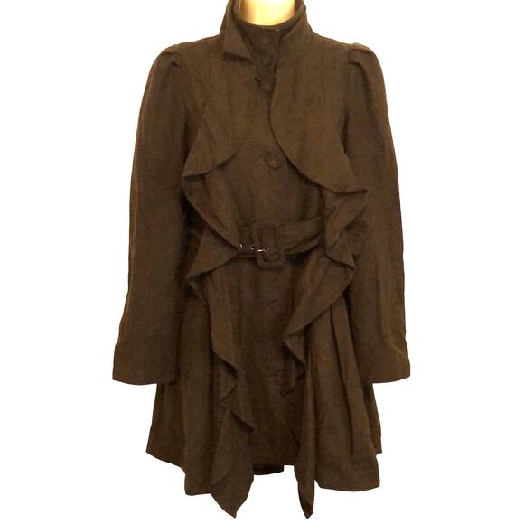 Ryu Wool Blend Ruffled Belted Coat Juniors Size Small Button Front Swingy - Picture 1 of 10